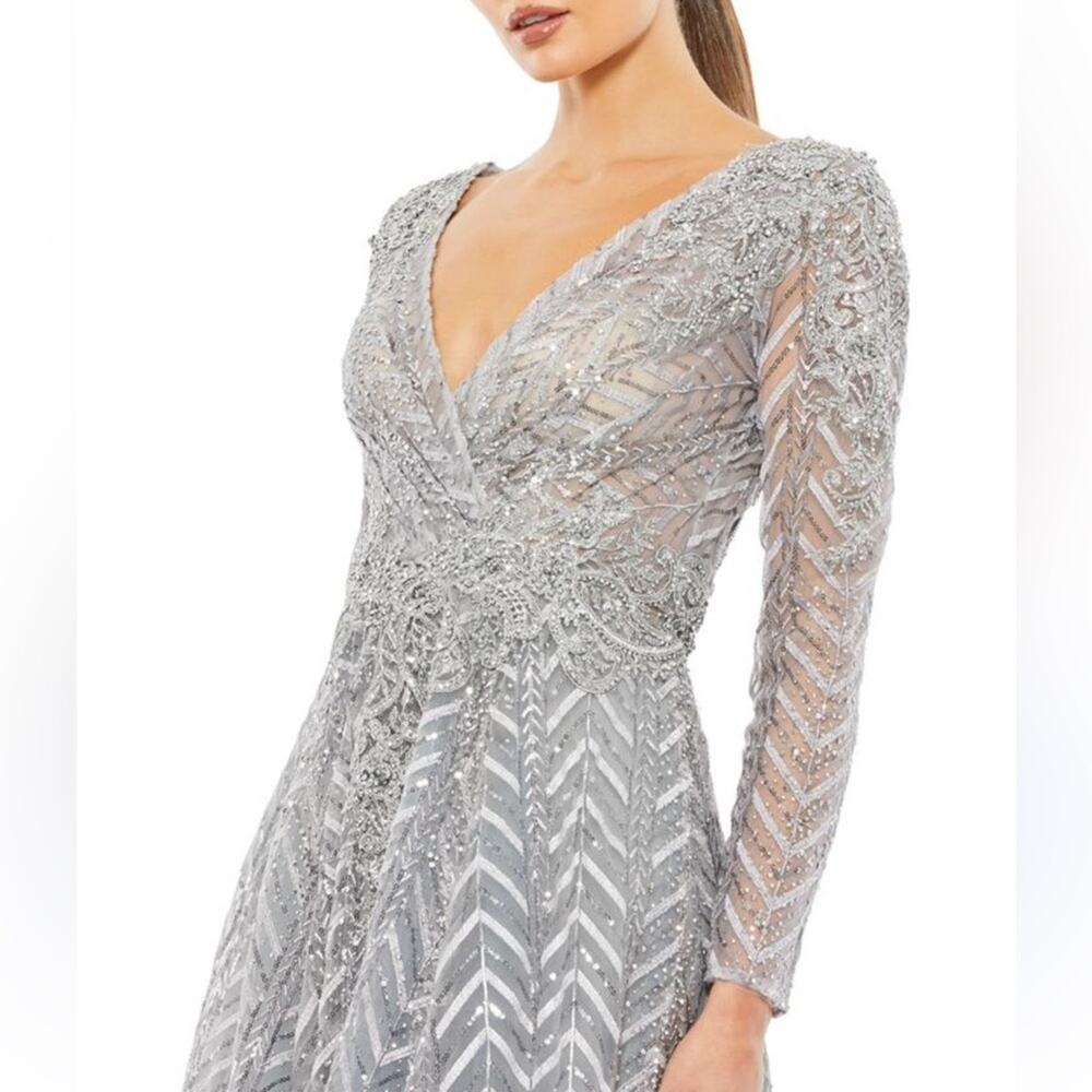 Mac Duggal 20189 Silver Embellished Illusion Long Sleeve Wrap Over A Line Gown - Picture 4 of 14